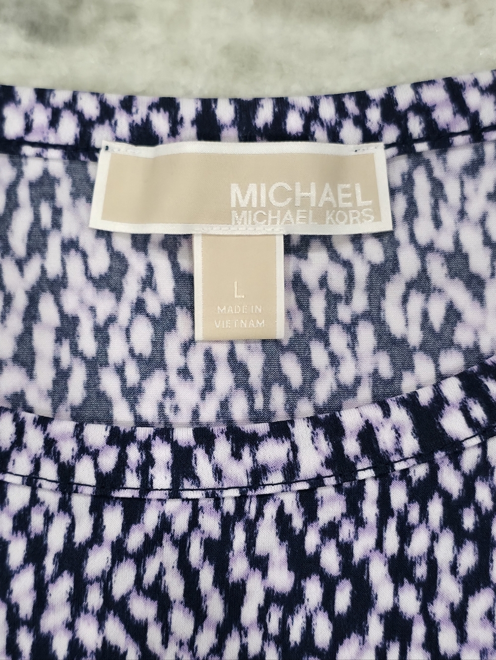 Michael Kors | Navy, Lavender and White Patterned Print Ruffle Sleeve Blouse - Picture 7 of 7